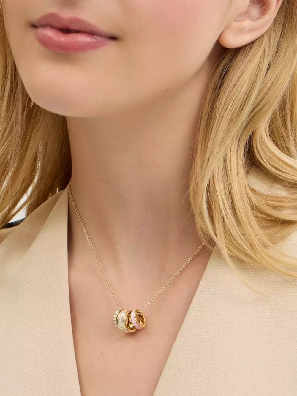 Coach Signature White Pink Enamel Crystal Rondell Ring Necklace Gold Plated - Picture 5 of 5